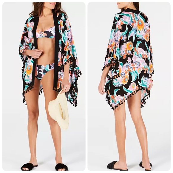 Trina Turk Tropic Waves Kimono Tassel Trim Swim Cover-Up| Black/Multi | One Size - Picture 3 of 7